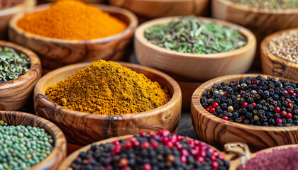 A collection of colorful spices in wooden bowls, including turmeric and coriander seeds, pink peppercorn powder, black cumin seeds, 
and fennel in porcelain jars on an old table at the market, close-u