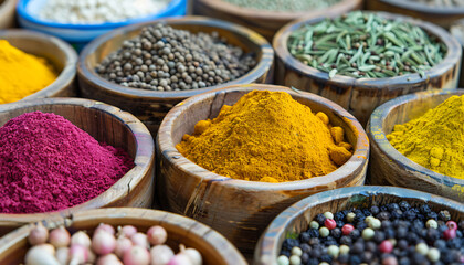 A collection of colorful spices in wooden bowls, including turmeric and coriander seeds, pink peppercorn powder, black cumin seeds, 
and fennel in porcelain jars on an old table at the market, close-u