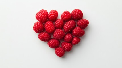 Ripe raspberries forming a heart shape on white background