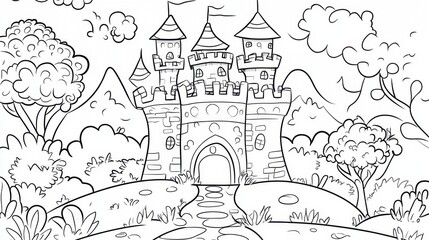 Naklejka premium A whimsical fairy tale castle surrounded by lush greenery and rolling hills under a bright, sunny sky in a magical land, coloring page