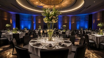 Elegant Event Venue with Luxurious Floral Centerpieces and Candlelit Ambiance