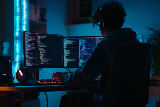 man is sitting in front of a computer monitor with a black shirt on. He is wearing headphones and he is working on a computer
