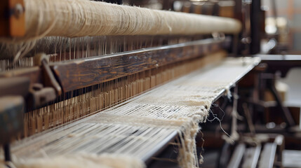 industrial loom on textile .flax processing plant, fabric production. flax is made .a workshop at a...