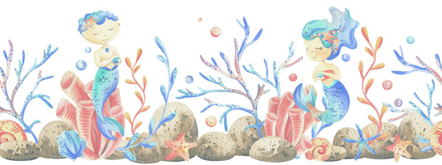 Mermaids is a little girls and boys with fish, seashell, corals, algae, starfish. Watercolor illustration hand drawn pastel colors coral and blue. Seamless board isolated from background