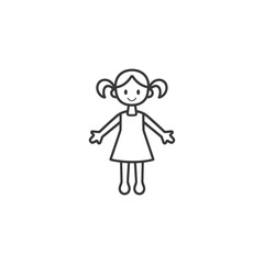 Line drawing of a smiling girl with pigtails in a dress