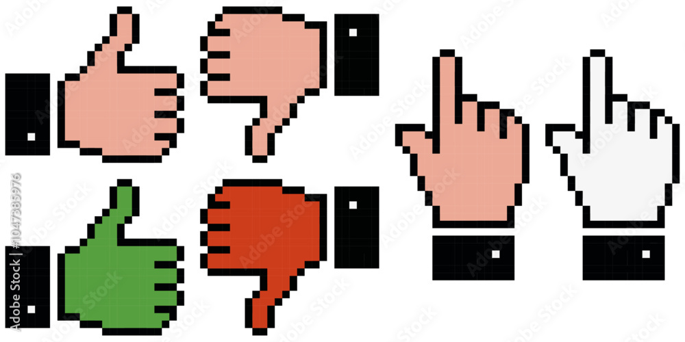 Poster pixel hand with finger up, down, and pointing. vector pixel set of like and dislike ratings.