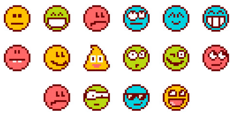 A set of emoticons with unusual faces. Emotions and mood states in color pixel pictures.