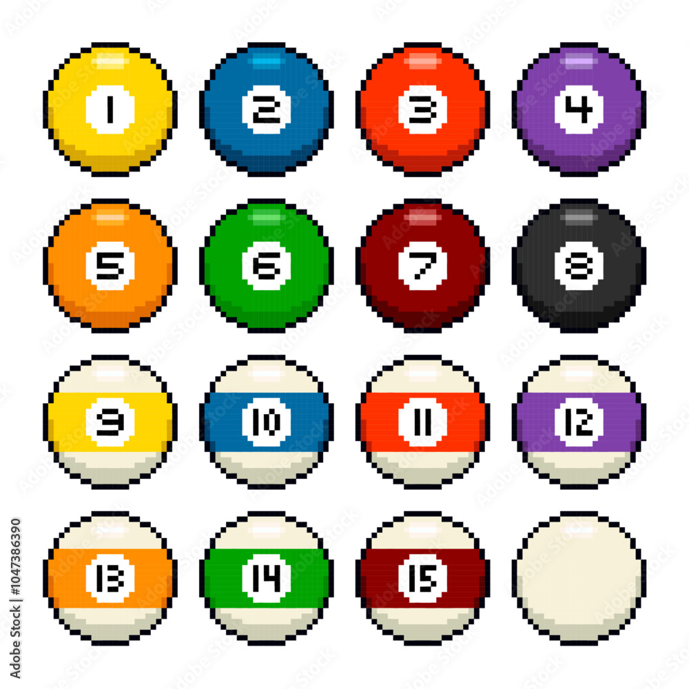 Poster Set of pool balls. Vector set of billiard pixel balls.