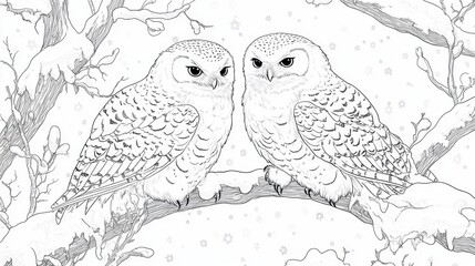 Fototapeta premium Two majestic owls perched on a snowy branch in a serene winter landscape, capturing a moment of tranquility in nature