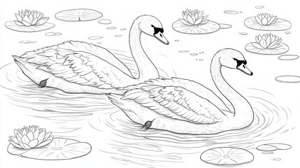 Graceful swans gliding serenely across a tranquil pond adorned with water lilies at dawn
