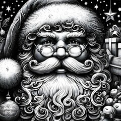 Black and white illustration of a face of a  Santa Claus.  Black and white raster image.