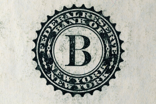 Seal of the Federal Reserve Bank of New York. Symbol of the US Federal Reserve System on the banknote