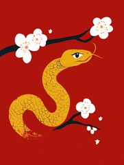 Obraz premium A festive design representing Chinese New Year 2025, featuring the Year of the Snake with a golden snake coiled near cherry blossoms on a vibrant red background.