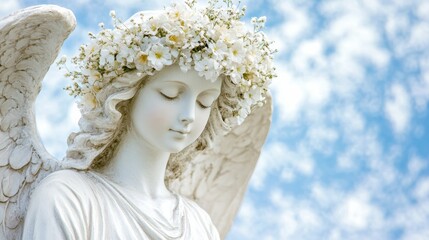 White marble angel statue wearing flower crown against blue sky