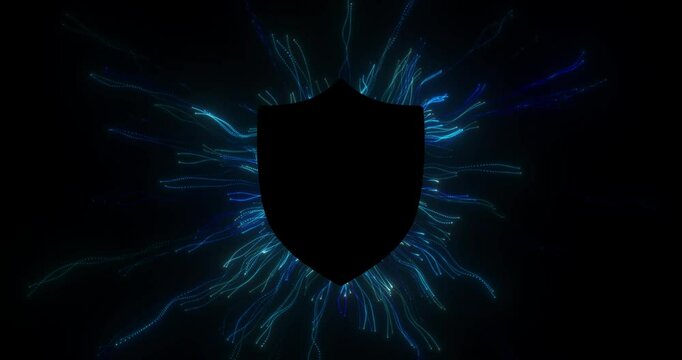 A black screen fades to reveal a shield surrounded by shimmering blue data streams. The frame ends on black, leaving a lasting impression of technological security.
