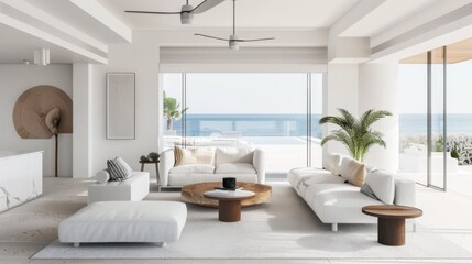 An airy living room design with a white canvas backdrop, Meticulously placed minimal furniture, Coastal Contemporary style