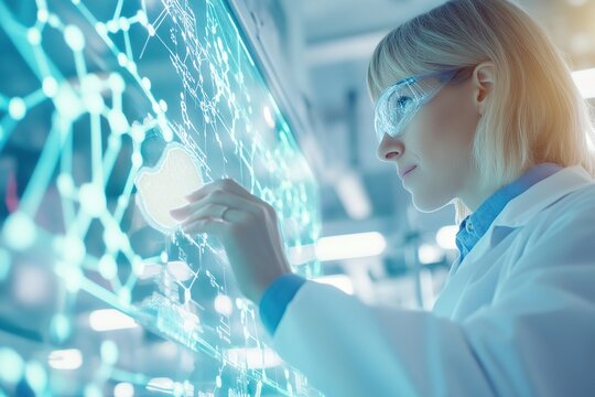 Scientist analyzing DNA structure in futuristic lab