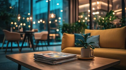 Cozy Office Lounge with Soft Textiles and Warm Lighting