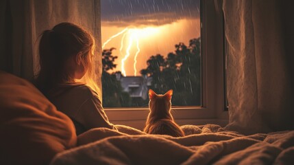 A child and cat watching a summer storm from a cozy bedroom window at dusk