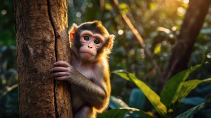 Cute baby monkey climbing a tree in the forest, looking at the camera with a curious expression