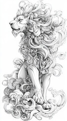 Fototapeta premium Detailed Line Art of Lion with Flowing Mane in Black and White Poster 
