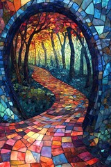 Fototapeta premium A vibrant mosaic pathway through an enchanted forest a colorful journey of nature's beauty and artistry