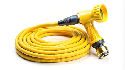 Yellow nozzle on a hose for watering isolated on a white background