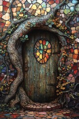 Obraz premium Enchanted entrance a mystical door framed by nature’s intricate stained glass and twisted roots