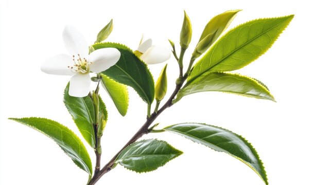 White Flower with Green Leaves on Branch Against White Background