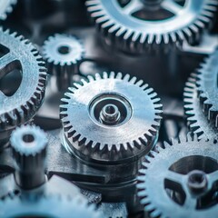 Close-up of gears and cogs in motion, mechanical engineering concept