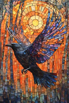 Elegant stained glass artwork featuring a majestic raven in flight against a vibrant sunset background