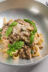 tagliatelle with white ragout, traditional italian recipe