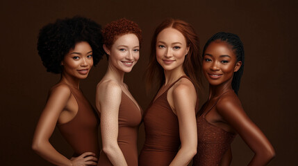 Fototapeta premium Studio shot of four smiling and posing young female models stylish, red burgandy and brown, multi ethnicity, diverse ethnicity, multicultural lifestyle, happy. different skin tones