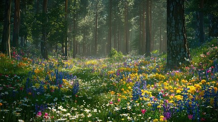 Fototapeta premium Colorful Wildflowers in a Magical Forest Scene