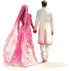 Watercolor Indian young couple of bride and groom from behind 02