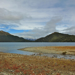 Mountains and Green Lake, Fjordland, New Zealand.