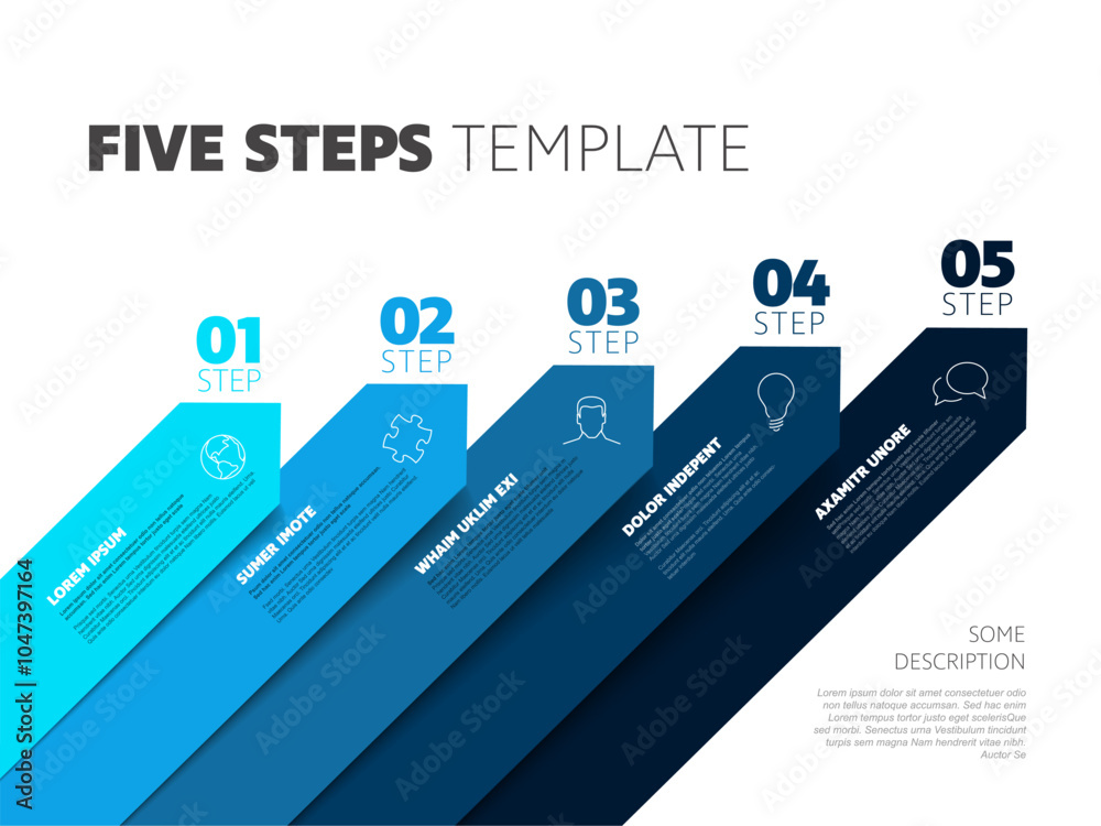 Poster five steps infographic process template with big diagonal arrows numbers icons and descriptions. sim