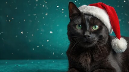 Black cat wearing Santa hat in snowy winter setting