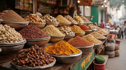 Fototapeta premium Indian Spice Market Stall with Bowls of Dried Goods