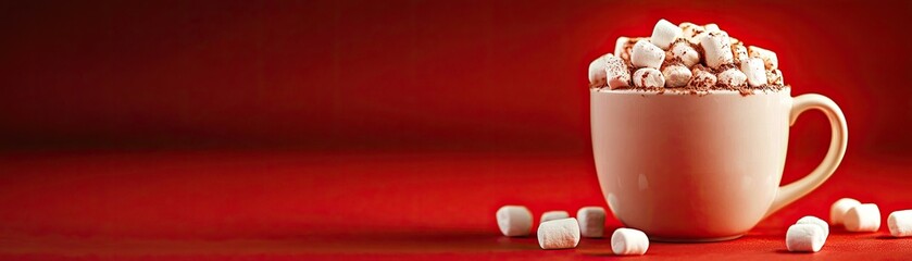 Hot chocolate cup filled with marshmallows on a red background.