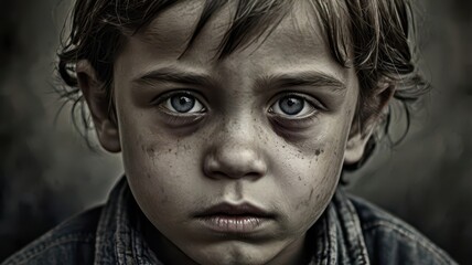 Close up portrait of a young boy with sad, worried expression. Depicting poverty, hunger, abuse and child exploitation.