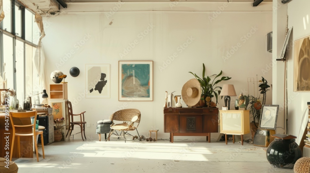 Poster an eclectic minimalist space with a white canvas backdrop, artfully arranged furniture in a bohemian