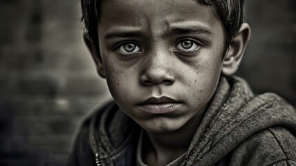 Closeup portrait of a sad young boy with big blue eyes