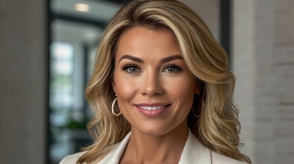 Smiling businesswoman portrait with blonde hair and white blazer