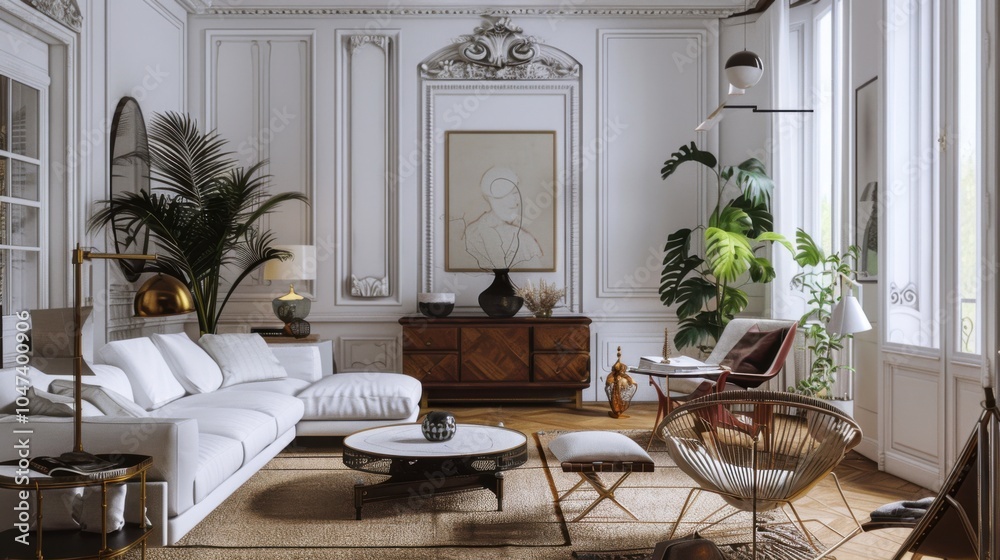 Poster an eclectic parisian-chic lounge design featuring a white canvas backdrop, adorned with vintage pari