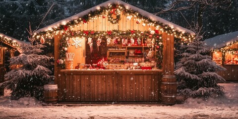 a romantically illuminated stall with arts and crafts at Christmas market in the evening in deep snow