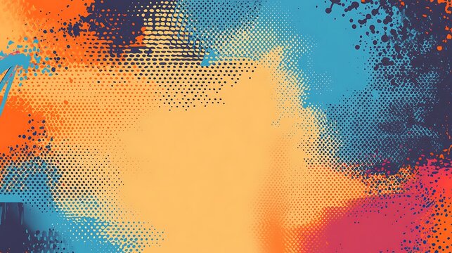 Abstract background with blue, orange, and red splatters and halftone dots.