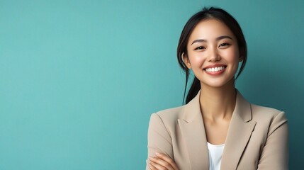 Confident Businesswoman Smiling Against Turquoise Background