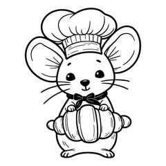 cute mouse wearing a chef hat and holding a croissant, funny cook animal sketch