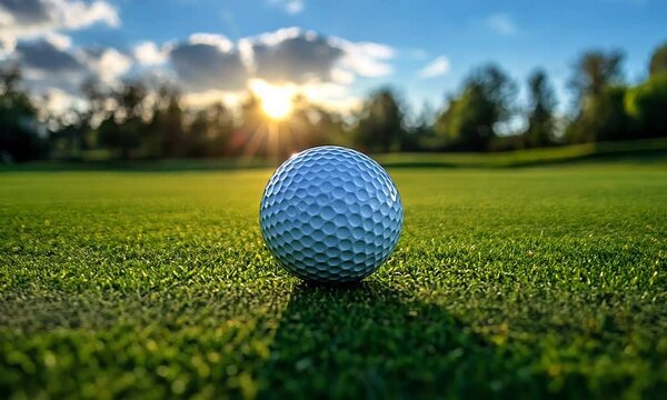 A close-up of a golf ball on a lush green course.